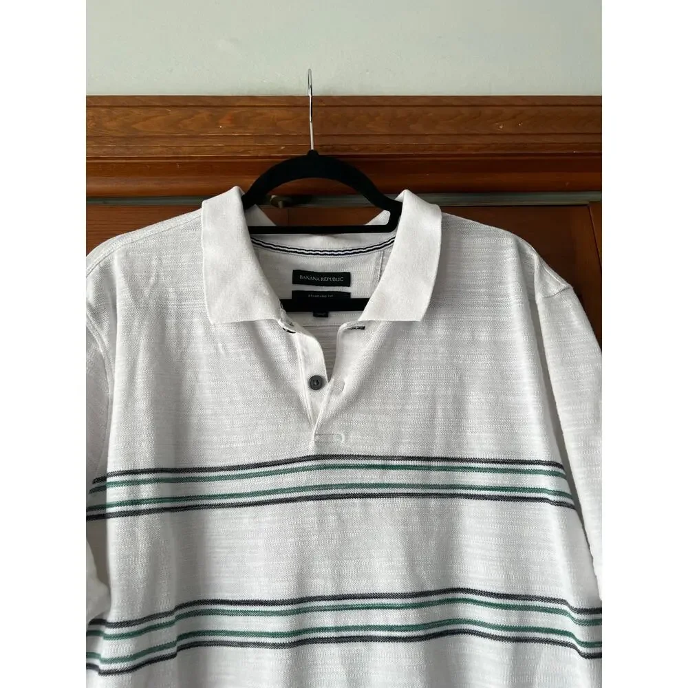 Banana Republic Men’s Striped Pique Polo Shirt White Green Standard Fit Size XXL